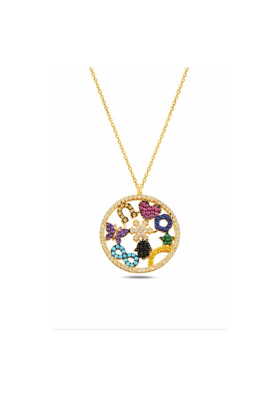 Çekirdekjewelry 925 Ayar Gümüş Gold Kaplama Zirkon Taşlı Sembollü Yuvarlak Kolye Sarı