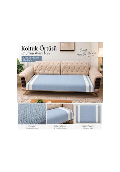 Özdilek 2 Adet Pamuklu Oturma Yerini Örten Zigzag Koltuk Örtüsü 80x210 - İndigo İndigo Mavi