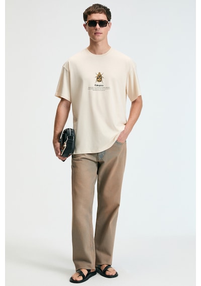 Grimelange BOLD Erkek %100 Pamuk Oversize Fit Baskılı Kısa Kollu Yuvarlak Yakalı Vanilya T-Shirt