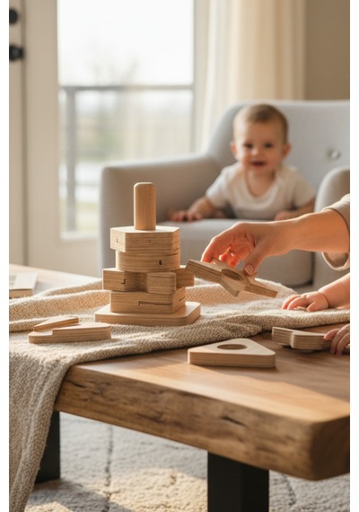 Ahşap Eğitici İkiz Geometrik Dikey Puzzle Model Yapboz