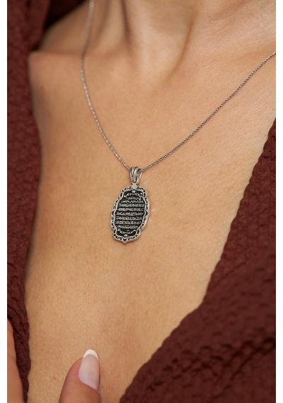 Roza Silver Oval Otantik Ayet El Kursi Gümüş Kolye