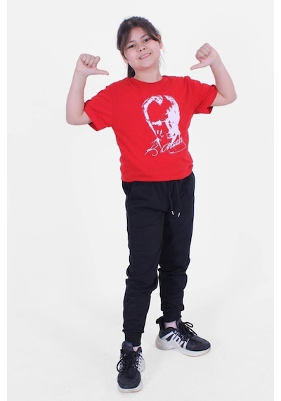 Fyk Kids Atatürk İmza Bayrak Baskılı Unisexs Takım Beyaz - Kırmızı
