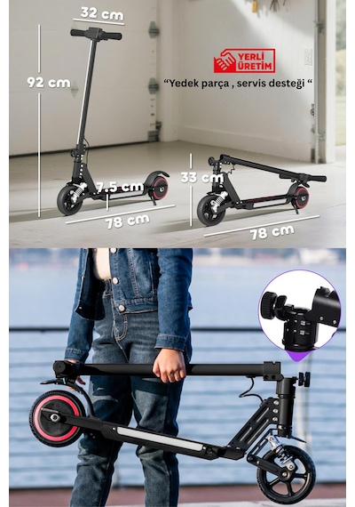 Elektrikli Çocuk Scooter - Çift Frenli Katlanabilir - Led Işıklı - Ön Çift Süspansiyonlu 8+ Siyah