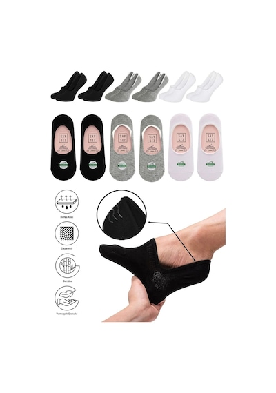 Saysez Bambu Kadın Babet Siyah-beyaz-gri Çorap Dikişsiz Görünmez Kaydırmaz Topuk Silikonlu Premium 6'lı Set Renkli
