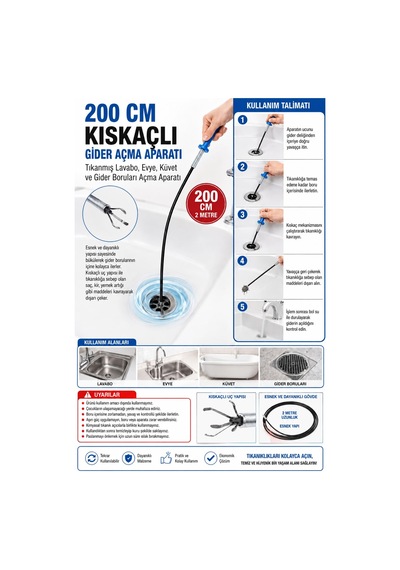 Esnek Lavabo Tıkanıklık Açıcı Tel 2 Metre