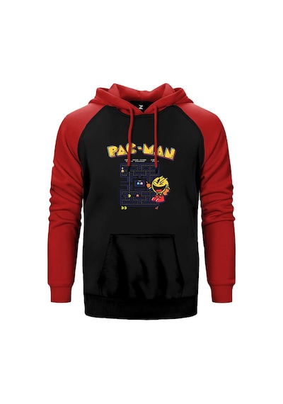 Pac-man Eighties Kırmızı Renk Reglan Kol Kapşonlu Sweatshirt Kırmızı