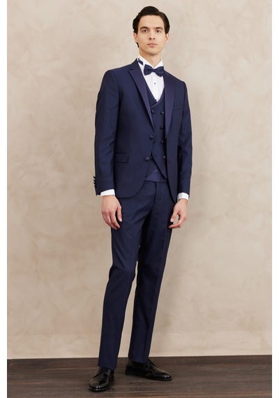 Ac&Co / Altınyıldız Classics Erkek Lacivert Slim Fit Dar Kesim Mono Yaka Desenli Yelekli Smokin Takım Lacivert