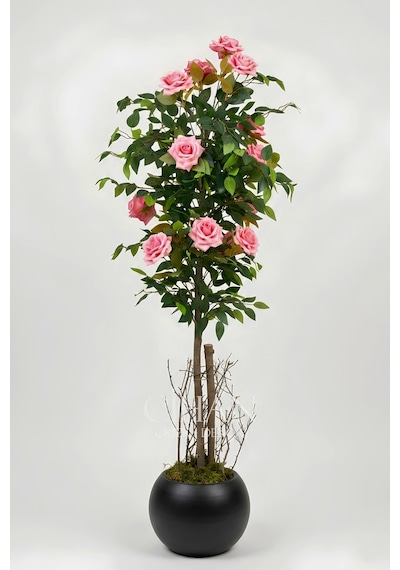 Yapay Pembe Gül Ağacı 150 Cm 27x33 Siyah Küre Saksılı Beyaz