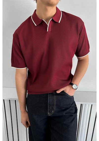 Erkek Oversize Selanik Polo Yaka Triko T-shirt Bordo
