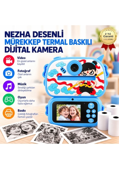 BLUE-2 Anında Baskılı Çocuk Fotoğraf Makinesi,çizgi Film Desenli, Dijital Kameralı, Mavi-1800