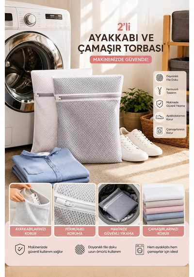 Porsima 3130 2li Çamaşır Yıkama Filesi Fermuarlı Bölmeli Yıkama Filesi Renkli