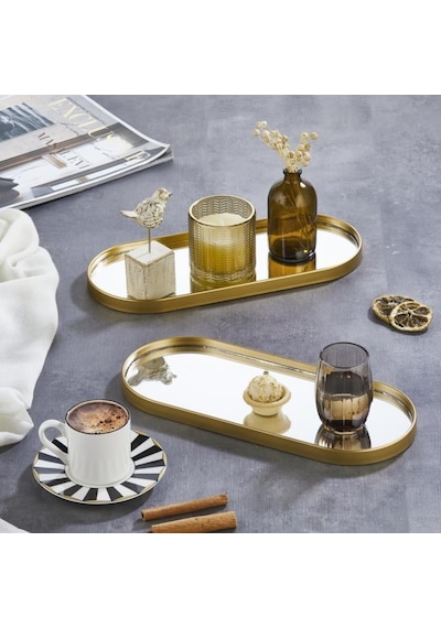 Aynalı Sunum Tepsisi Gold Çerçeveli 12 X 30 Cm 2 Adet İster Tepsi / İster Duvar Aynası Siyah
