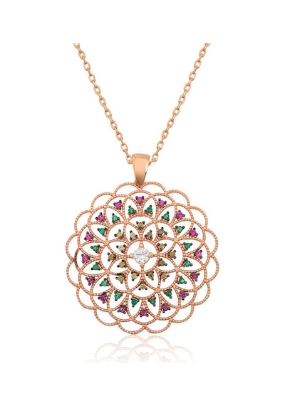 Gümüş Rose Geometrik Desenli Madalyon Kolye Beyaz