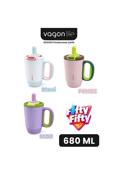 680 Ml Tek Kapak Çift Kullanım Pipetli Rahat İçim Kulplu Paslanmaz Çelik Termos Mug Ffvgn1113-680ml Mavi