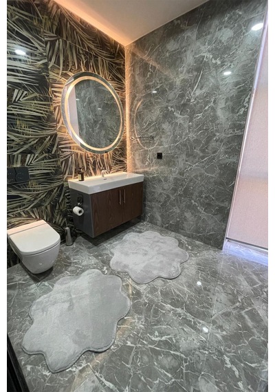 2'li Gri Banyo Halısı Peluş Post Halı Klozet Takımı 80x80 Ve 100x100 Gri