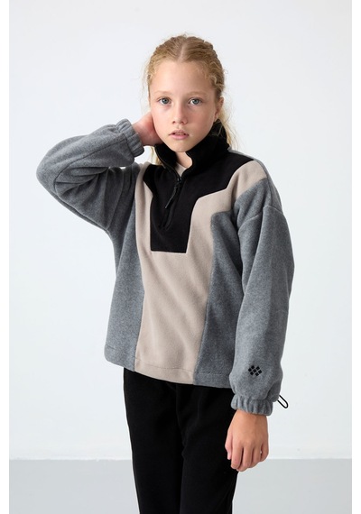 Tommy Life Gri Melanj Kalın Yumuşak Dokulu Oversize Nakışlı Polar Kız Çocuk Sweatshirt - 75153 Gri Melanj