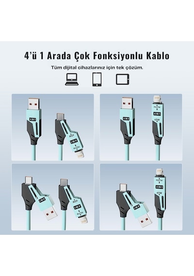 Alfais 6008 Usb Type-c Lightning 4'ü 1 Arada 65w Pd Hızlı Şarj Data Kablosu 1.5m Spiral Çevirici