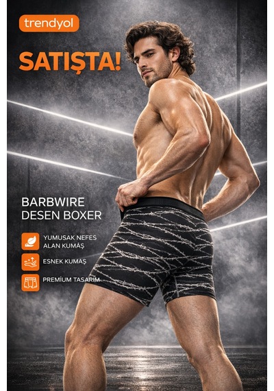 Mercan Barbwıre Desenli Rahat Kesim Boxer - Engelleri Aş Siyah
