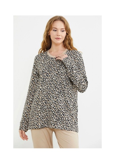 Angbutik Sementa 76413 Rahat Kalıp Leopar Kombinli Pijama Takım Bej