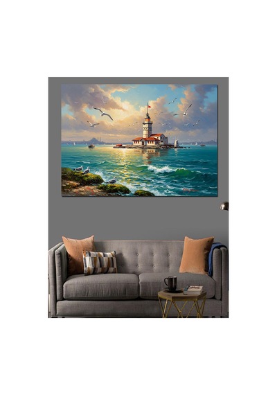Gün Batımında Deniz Ortasında Kule Yağlı Boya Dokulu Kanvas Tablo Canvas Tablosu