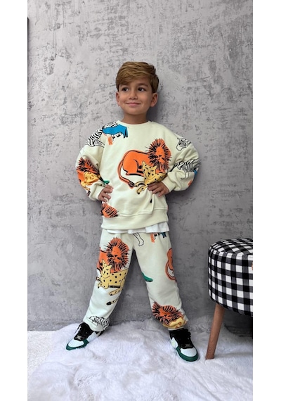 Magu Unisex Çocuk Pamuklu Krem Safari Hayvan Desenli Sweatshirt Ve Jogger Eşofman Takım Çok Renkli