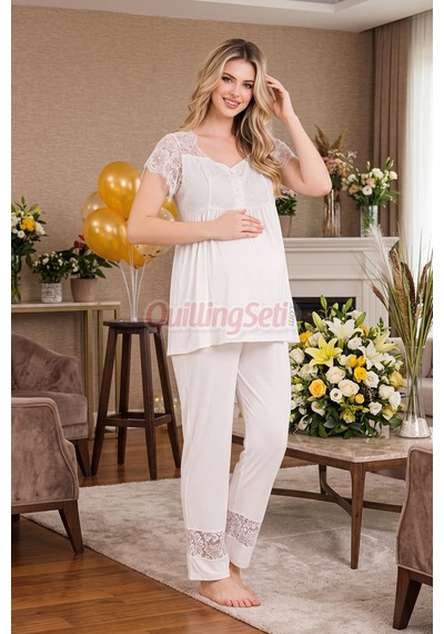 Lady Ekru Renkli, Derin Patlı, Dantel Detaylı 33002 Sabahlıklı 3lü Lohusa Hamile Pijama Takımı