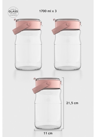 Renga Mono 1700 Ml Pembe Kapaklı 3'lü Cam Kavanoz Seti 131072 Pembe