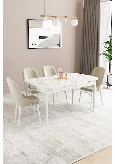 Familieconcept Almira Serisi, Beyaz Mermer Desen 80x132 Açılabilir Mdf Mutfak Masası Takımı 4 Adet Sandalye Krem Familieconcept Almira Serisi, Beyaz Mermer Desen 80x132 Açılabilir Mdf Mutfak Masası Takımı 4 Adet Sandalye Krem