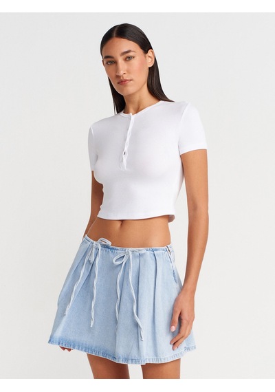 Dilvin 80585 %100 Pamuk Önü Fiyonklu Mini Denim Etek-mavi