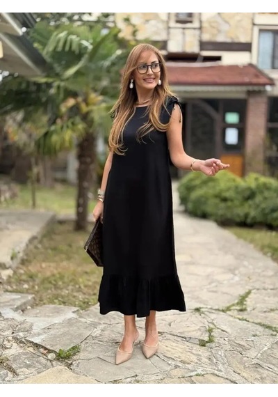 Kadın Omuzlardan Büzgülü Kayık Yaka Fırfırlı Janjan Krep Elbise Siyah