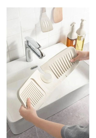 Rotanev Beyaz Elastik Musluk Matı Su Tutucu Düzenleyici Kaydırmaz Taban Organizer Mutfak Banyo Lavabo