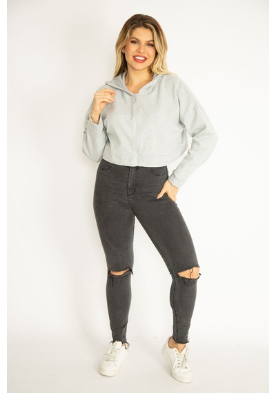 Şans Kadın Gri İçi Şardonlu 2 İplik Kumaş Kapşonlu Sweatshirt 65n35076-gri Gri