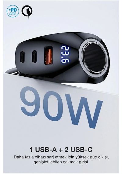 90w Type-c Usb Araç Şarjı Süper Hızlı Pd 4.0 & Qc 3.0 Çakmaklık Şarj Adaptörü 1