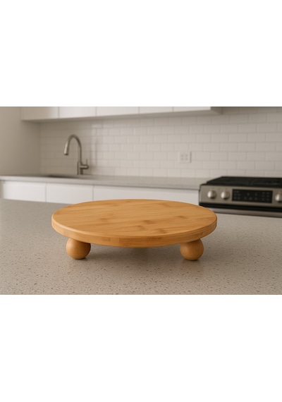 Qerhome Bambu Top Ayaklı Yvarlak Sunumluk 25 Cm Alg Beyaz
