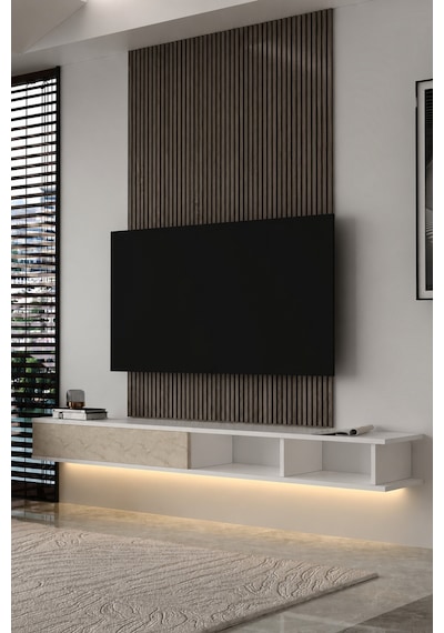 180dhdxtdalbt Mono Led Işıklı Duvara Monte Tv Sehpası Beyaz-traverten