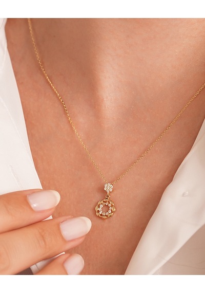Debora Jewelry 14 Ayar Altın Çiçek Tasarımlı Taşlı Kolye
