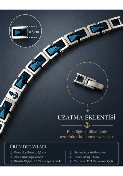 Paslanmaz Çelik Mavi Ocean Spirit Deniz Çapa Kolye Bileklik Seti Gümüş - Mavi
