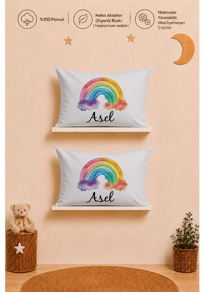 İsme Özel Kız Bebek Hediyesi 2 Adet 35x45 %100 Pamuk Yastık Kılıfı Ve Ham Bez Bebek Kıyafet Kesesi 1019y2k3x