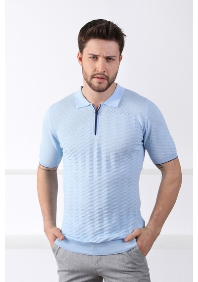 Ferraro Mavi Polo Yaka Fermuarlı Erkek Pamuk Triko T-Shirt-Mavi (417942096) Mavi