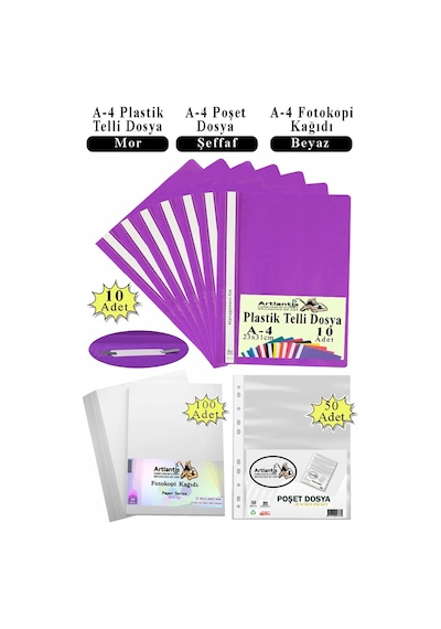 Telli Dosya Plastik A4 10 Lu Poşet Dosya 50 Li A4 Fotokopi Kağıdı 100 Adet 1 Paket Ekonomik Kaliteli Şeffaf Kapak Dosya Mor