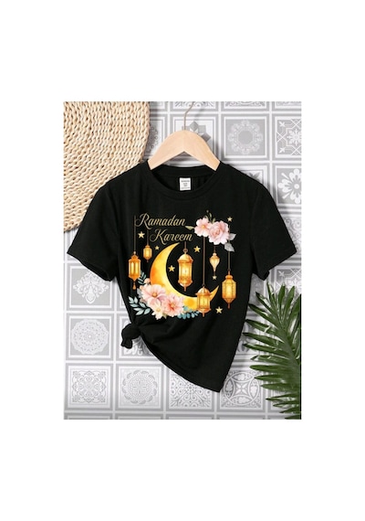 Stil X Ramazan Bayramı Baskılı Kız Çocuk Tshirt, %100 Pamuklu Kumaş Siyah