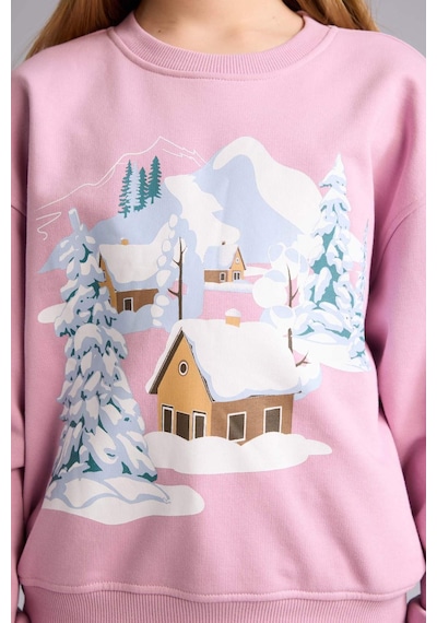 Defacto Relax Fit Bisiklet Yaka Baskılı Sweatshirt Kız Çocuk E6843A825WN Pembe