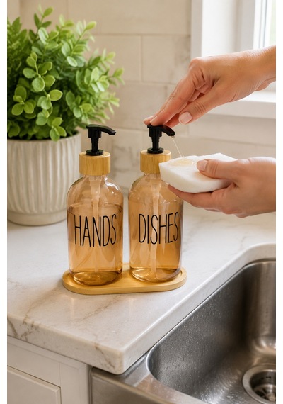Relly Bambu Standlı İkili Cam Sabunluk Seti 2 X 500 Ml Hands & Dıshes Turuncu