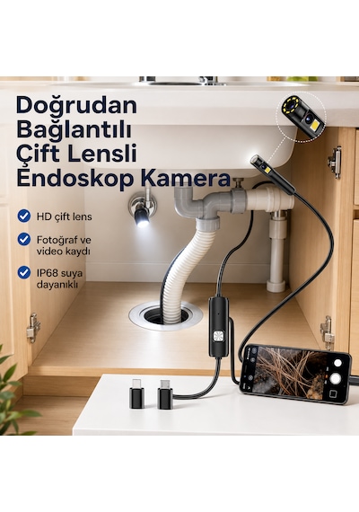 Ultratekno Ult110s 10m Çift Kameralı 1440p Endoskop Yılan Kamera Ip68 8mm Sert Kablo İos Android