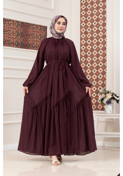 Sevitli Eteği Büzgü Detaylı Mira Tesettür Elbise-mürdüm-5735