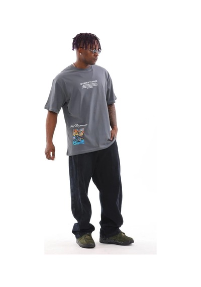 Erkek Bisiklet Yaka Baskılı Oversize T-shirt - Gri Gri