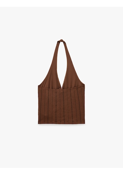 Koton Bürümcük Kumaş Slim Fit Bel Vurgulu Çizgili Halter Yaka Bluz Kahverengi Çizgili 6sal30285ık Kahve Çizgili