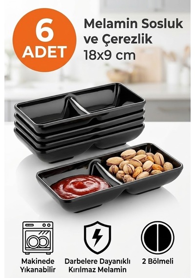 6 Adet Melamin 2 Bölmeli Sosluk Ve Çerezlik - 18x9 Cm - Bulaşık Makinesinde Yıkanabilir - Siyah