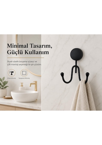 Alper Banyo Lotus Siyah İkili Havlu Askılığı, Yapışkanlı Ve Vidalı Montajlı Duvar Askısı, Mat Siyah Statik B Çok Renkli
