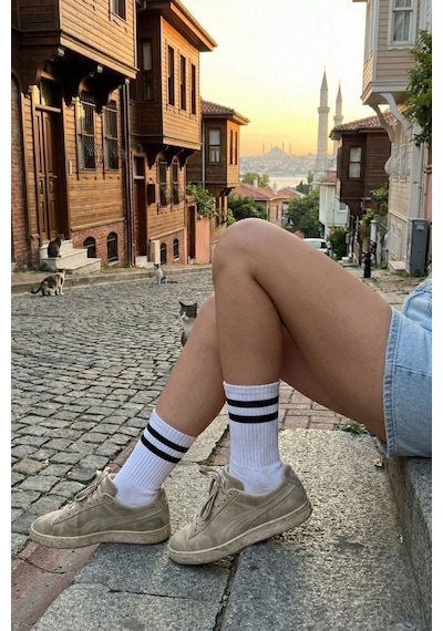Lykos Kadın Beyaz Çift Çizgili Soket Çorap 5 Li Paket Beyaz